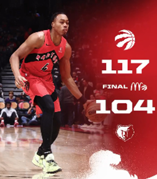 猛龙117-104j击败灰熊,巴雷特27分,巴恩斯19+12+8+5