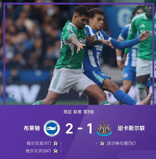 维尔贝克86分钟绝杀!布莱顿2-1纽卡豪取主场三连胜